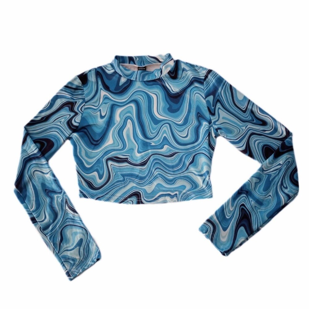 Shein Cropped Long Sleeve Blue Swirl Marbled Top sz S Womens Juniors